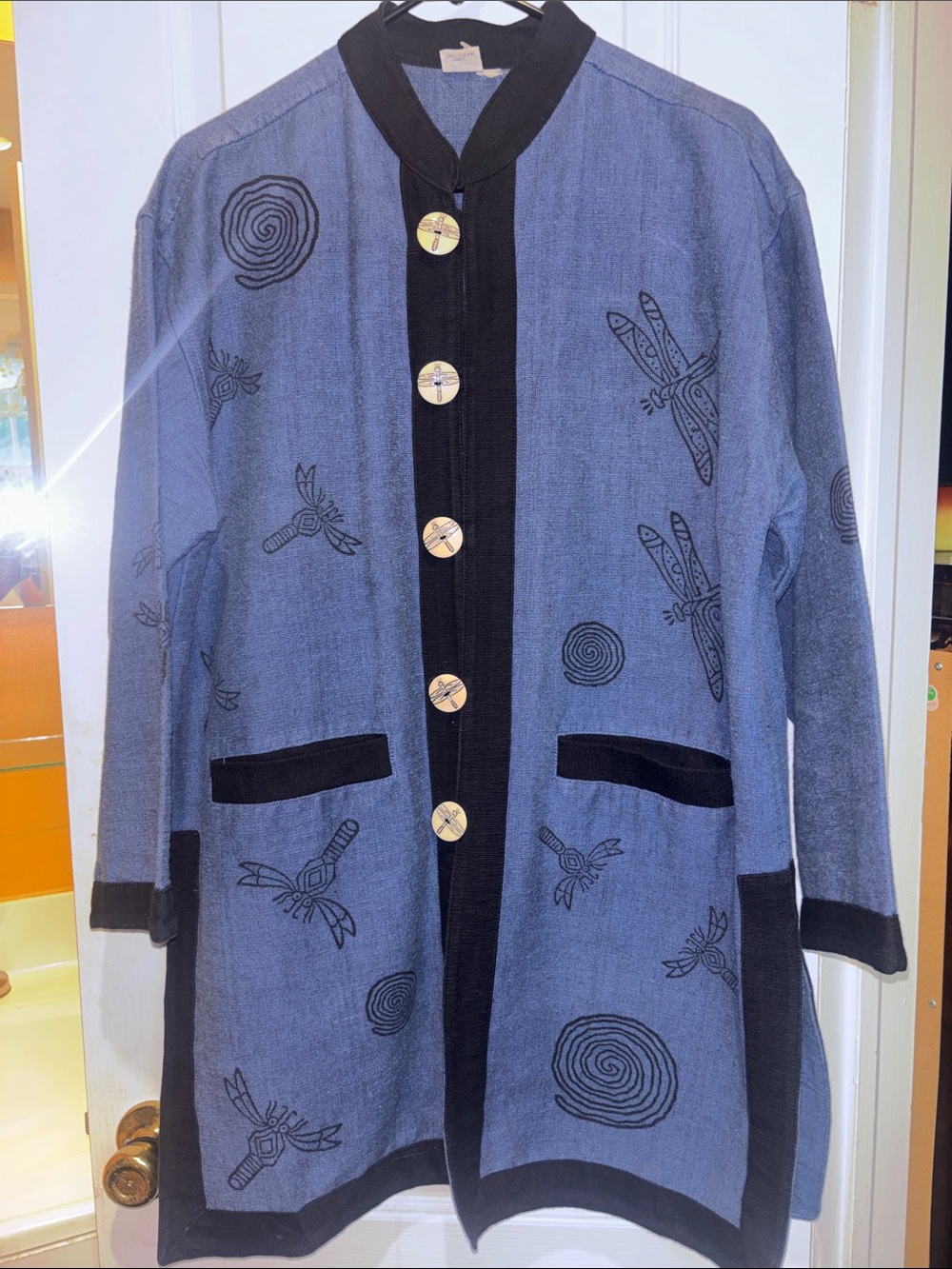 VENUS IMPORTS BLUE COTTON JACKET DRAGONFLY SPIRAL PRINT MOTIF WITH BLACK TRIM
